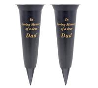 Set of 2 Black Memorial Grave Spiked Flower Vases Graveside Memorial with Wavy Edge and flower holder inserts (Dad)