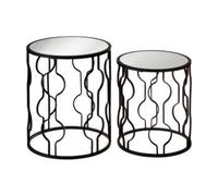 Set of 2 Black Metal Base Side Tables with Arabesque Detailing and Mirrored Glas