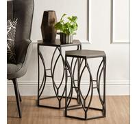Set of 2 Black Metal Hexagon Top Side Tables with Geometric Industrial Frame | A