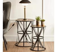 Set of 2 Black Round Metal Top Nesting Side Tables with Cross Lattice Frame | Av