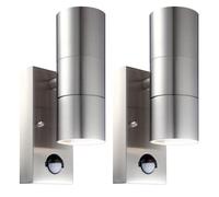 firstchoicelighting Set of 2 Stainless Steel Outdoor Security Lights Up Down Twin Wall PIR Motion Sensor IP44 Light LED Compatible
