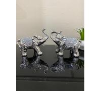 Set of 2 Bling Elephant Ornaments - Crushed Diamond Crystal Decor, Elegant Sparkling Home Accessories, Luxury Elephant Figurines for Living Room, Shelf, and Table Decoration
