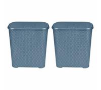 Set of 2 - Blue 45L Litre Small Laundry Blue Basket with Lid Plastic - Rattan Style Knit Design Hamper Storage Linen Clothes Washing Basket Dirty Clothes Storage Bin with Handles for Bathroom Bedroom
