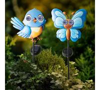 Set Of 2 Blue Bird & Butterfly Solar Powered LED Stake Light - Solar Garden Light - Animated Blinking Eyes With Cool White LEDs and Automatic Light Function - Decorative Garden Stake Path Light - 78cm