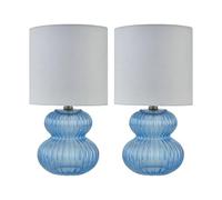 Set of 2 Blue Ribbed Glass 29cm Table Lamps or Bedside Lights, White Fabric Shades, 29cm Height