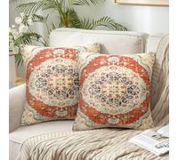 Set of 2 Boho Cushion Covers, 40 x 40 cm, Indian Cushion Cover, Exotic Pattern, Oriental Cushion, Beige, Coffee Square Cushion Covers, Retro Linen Look Sofa Cushion, Decorative for Sofa, Bedroom