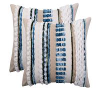 Set of 2 Boho Throw Pillow Covers 45x45 CM Blue Striped Chenille Pillowcases with Soft Plush Tufted Square Decorative Cushion Covers for Sofa Couch Bed Living Room Farmhouse Decor