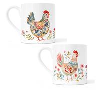 Set of 2 Bone China Cups - Nordic-Inspired Design with Brightly Coloured Chickens & Floral Accents - 8oz Hand-Printed Tea & Coffee Cups