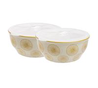 Set of 2 Bowls Art Deco Hand-Stamped Stoneware Silicone Lids Stylish and Practical Food Storage Yellow 18.5 cm