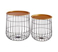Set of 2 Brass Finish Top and Black Metal Wire Frame Side Tables | Hege