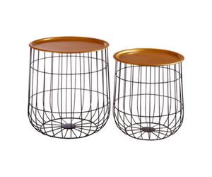 Set of 2 Brass Finish Top and Black Metal Wire Frame Side Tables | Hege