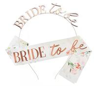 Set of 2 Bride to Be Sash and Headband, Bride Tiara and Sash Floral Hen Party Sash Hen do Sash with Crown for Bride Shower, Wedding, Bachelorette Party (Rose Gold)