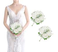 Set of 2 Bridesmaid Bouquets for Wedding - 7 Inch Ivory White Fake Flower Bouquet for Bridesmaid, Silk Rose Artificial Babys Breath Small Bouquet Handmade for Bridal Shower Ceremony Anniversary