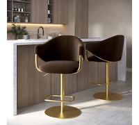 Set of 2 Brown Velvet Adjustable Swivel Bar Stools with Gold Base - Ronnie