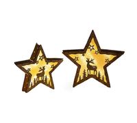 Set of 2 Brown Wooden LED Stars Christmas Decoration 30 cm - christmas decorations, christmas lights