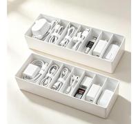 Set of 2 Cable Organiser Box with 14 Cable Ties, Cable Management Box White with Adjustable Compartments, Drawer Organiser for Desk, Charging Cable Storage Box, Stationery, Batteries, Charging Cables