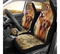 Set Of 2 Car Seat Cover Dirty-Proof Cars Front Covers Soft Auto Accessories Bucket Protector Universal Fit Truck Suv Mpv Sedan Three Golden Retriever Puppy, Gift For Golden Dog Lovers Puppy Lovers