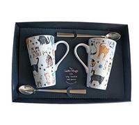 Set of 2 cat Latte Mugs Gift Boxed with Spoons. Ceramic Latte Mug 3/4pt Capacity