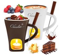 Set of 2 Ceramic Chocolate Fondue Mug with Fork Melting Pot | Cheese Warmer Melter Cups for Christmas Hot Sweet Butter Fondue Sets White Coffee