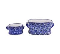 Set of 2 Ceramic Footbath Planters, Vintage Blue & Green Crocus Design