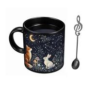 Set of 2 Ceramic Mugs with Night Animal Illustrations, Fox and Bunny Owl and Luna Moth Design, 400 ml Coffee Tea Cups, Gift for Couples Collectors and Nature Lovers (A)