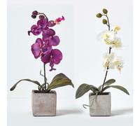 HOMESCAPES Set of 2 Artificial White & Purple Orchids in Pot 40 cm Tall Faux Orchids with Lifelike Leaves for Indoor Decoration