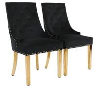 (Set of 2 Chairs, Black With Gold Legs) Luxury Lion Knocker Velvet Dining Chairs Padded Gold/Silver Legs