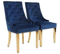 (Set of 2 Chairs, Blue With Gold Legs) Luxury Lion Knocker Velvet Dining Chairs Padded Gold/Silver Legs