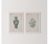 Set of 2 Chinoiserie Vase Prints | Two Oriental Crockery Posters, Vintage Mint Green Bottle Wall Art, Stylish Chinese Porcelain Home Decor