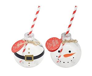 Set of 2 Christmas Character Glass Bauble Drinking Glass with Paper Straw and Punch Recipe