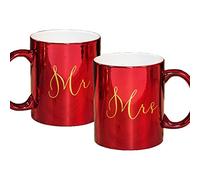 Set of 2 Christmas Mugs Red Metallic Coated with Gold 'Mr and Mrs'