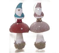 Set of 2 Christmas Mushroom Ornaments with Detailed Textured and Glittering Gold Highlights, Suitable for Tabletop or Tree Use, Made of Plastic Material (B)