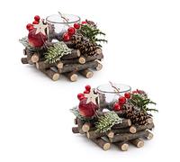Set Of 2 Christmas Tealight Candle Holder | Christmas Candle Berry & Pinecone Table Centrepiece Decorations | Christmas Wreath Tea Light Holder Centrepiece For Dining Table