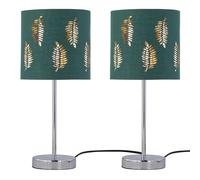 Set of 2 Chrome Stick Table Lamps with Dark Green Fern Cut Out Shades