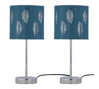 Set of 2 Chrome Stick Table Lamps with Teal Fern Cut Out Shades