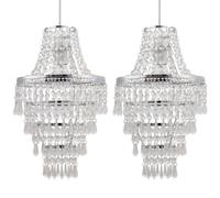 Pair of Chandelier Style Ceiling Light Shades Modern Chrome with Clear Acrylic Crystal Tiered Design Easy Fit Pendant Shades - No Wiring Required Height 36cm Diameter 23cm
