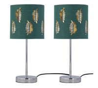 firstchoicelighting Set of 2 Touch Operated Chrome Table Lamps or Bedside Lights, Modern Design, Dark Green Fern Shade, Height 35cm, LED Compatible