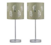 firstchoicelighting Set of 2 Chrome Table Lamps or Bedside Lights, Modern Touch Operated Design, Sage Green Fern Shade, Height 35cm, LED Compatible