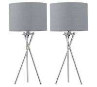 Set of 2 Chrome Tripod Table Lamps with Grey Cotton Shades