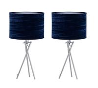 firstchoicelighting Set of 2 Polished Chrome Tripod Table Lamps or Bedside Lights, Modern, Navy Blue Crushed Velvet Shade, Height 52cm, LED Compatible