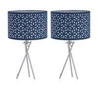 firstchoicelighting Set of 2 Polished Chrome Tripod Table Lamps or Bedside Lights, Modern, Navy Blue Cut Out Shade, Height 52cm, LED Compatible