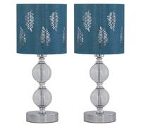 Set of 2 Chrome Two Ball Table Lamps with Teal Fern Shades