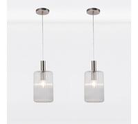 Set of 2 Clear and Brushed Chrome Fluted Glass Design Pendant Fittings