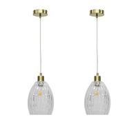 Set of 2 Clear Fluted Glass Ceiling Light Pendants with Satin Brass and Clear Fluted Cable, Height Adjustable 23-130cm, Kitchen Island Dining Lighting