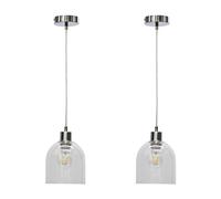 Set of 2 Clear Glass Cloche Ceiling Light Pendants with Chrome Details and Clear Cable, Height Adjustable 23-130cm, Kitchen Island Dining Lighting