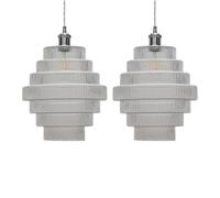 Set of 2 Clear Ribbed Tiered Glass Easy Fit Ceiling Lightshades or Pendant Shades, Height 31cm Diameter 30cm