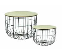 Set of 2 Coffee Tables with Wooden Top and Wire Basket Decorative Side Table