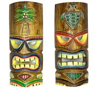 Set of 2 - Colorful Tiki Mask - Unique Hand Carved Wall Hanging or Freestanding Sculpture - Tropical Hawaiian Sea Turtle and Polynesian Coconut Tree Accents - Tribal Party Beach Luau Bar Decor