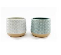 Set of 2 Contemporary Cracked Ceramic Effect Leaf Embossed Round Plant Pot | Aqua and Pale Teal, 11cm