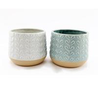 Set of 2 Contemporary Cracked Ceramic Effect Leaf Embossed Round Plant Pot/Planters - AQUA and PALE GREY - 15cm